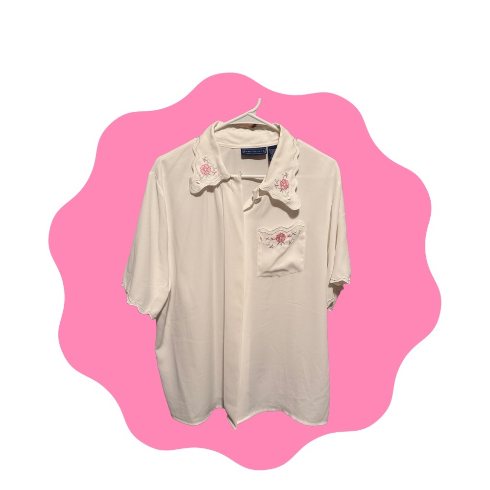 Karen Scott Cream Blouse with Floral Embroidery